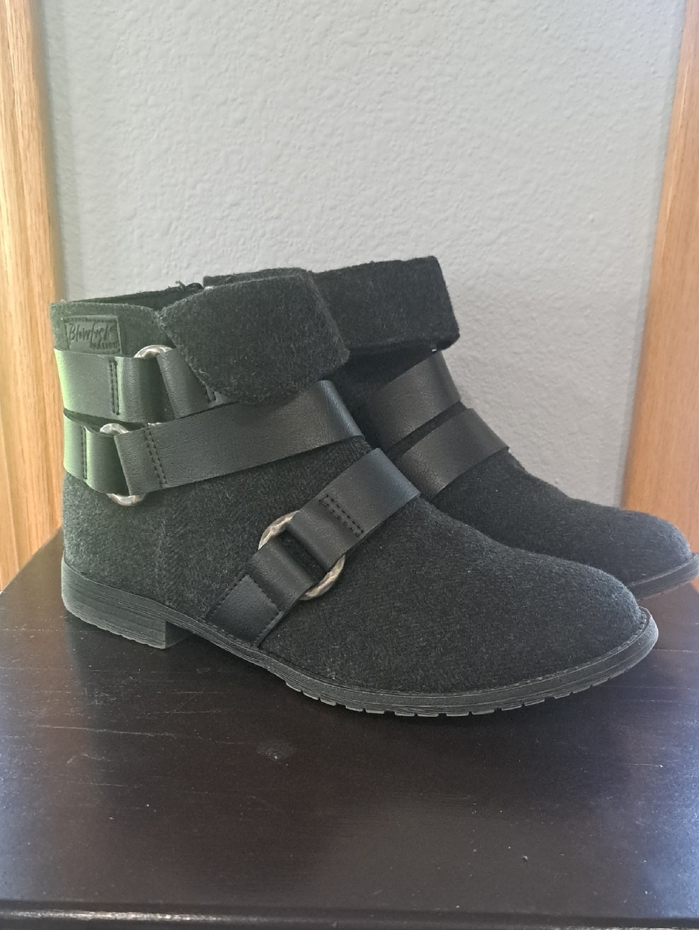 Blowfish Black Soft Flannel Ankle Boots with Buckle Strap